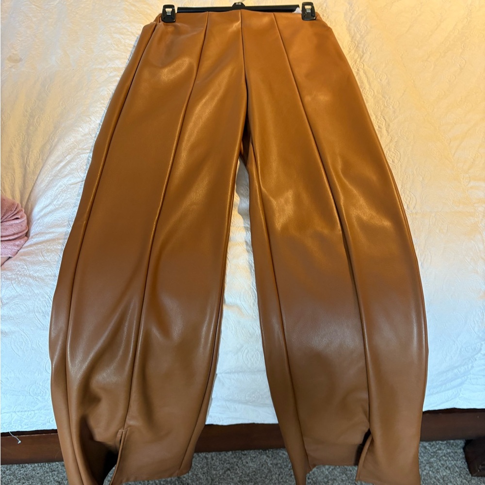 Faux Leather Flare Pants in Cognac